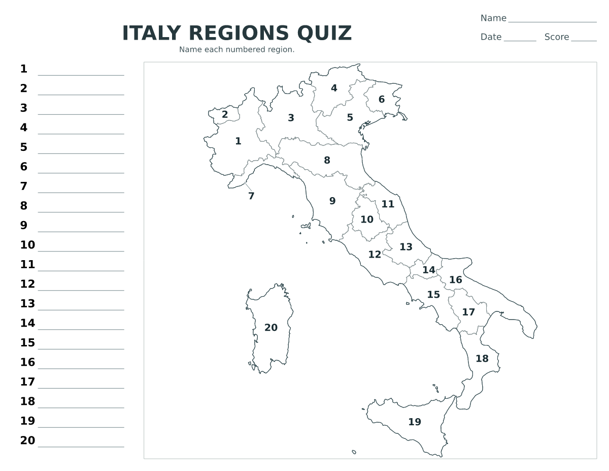 Cuestionario de regiones: Italy con 20 regiones con números.