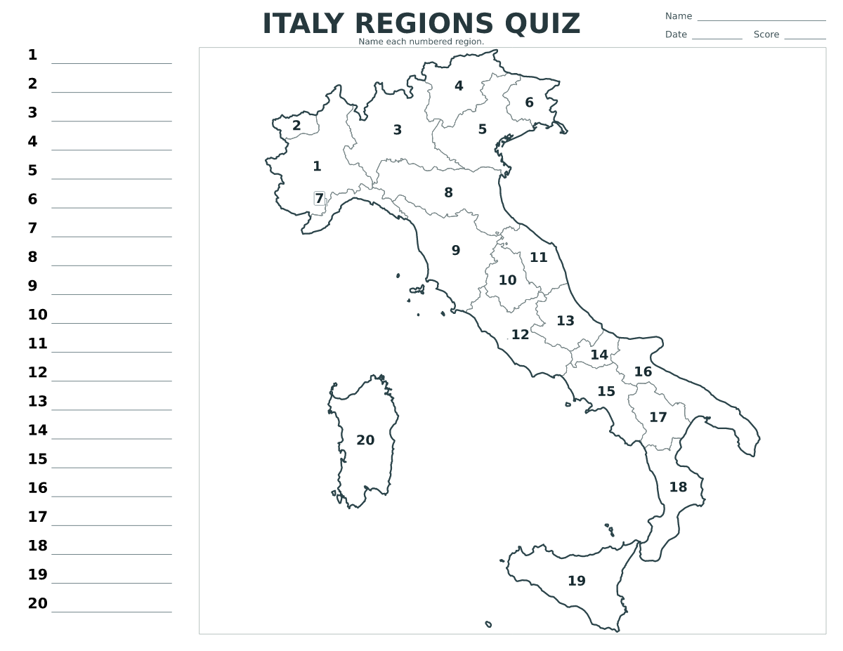 Cuestionario de regiones: Italy con 20 regiones con números.