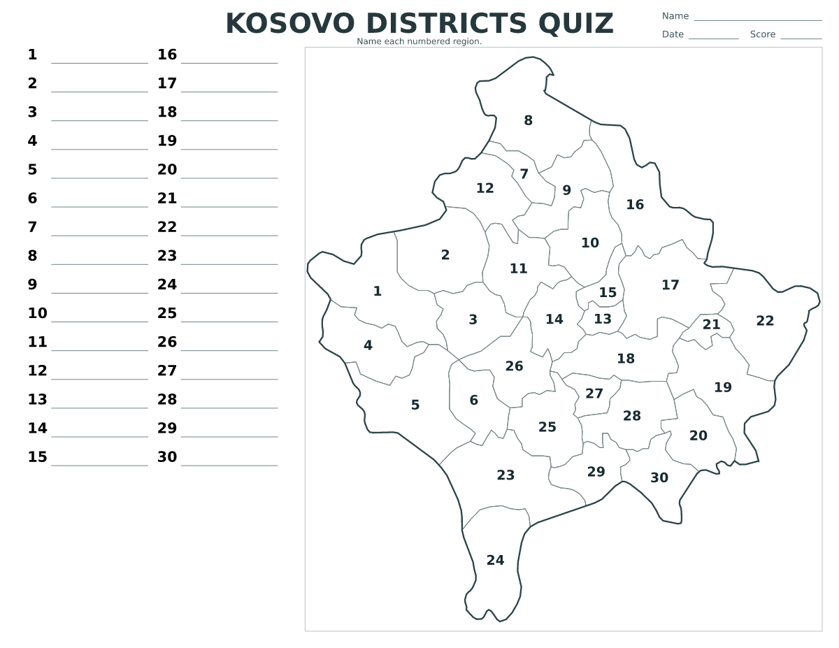 Quiz des districts : Kosovo avec 30 districts avec numéros.