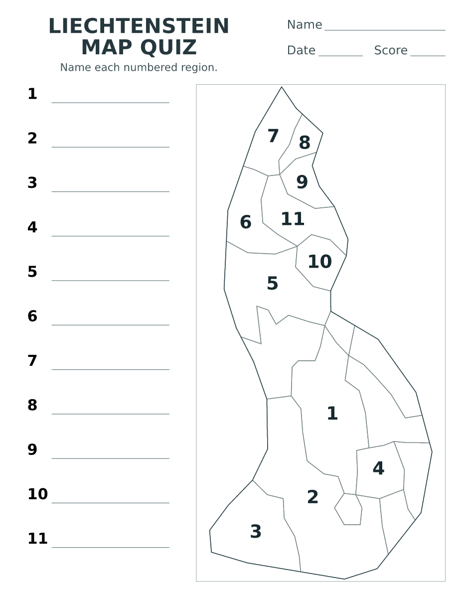 Cuestionario imprimible del mapa de Liechtenstein con 11 regiones numeradas.