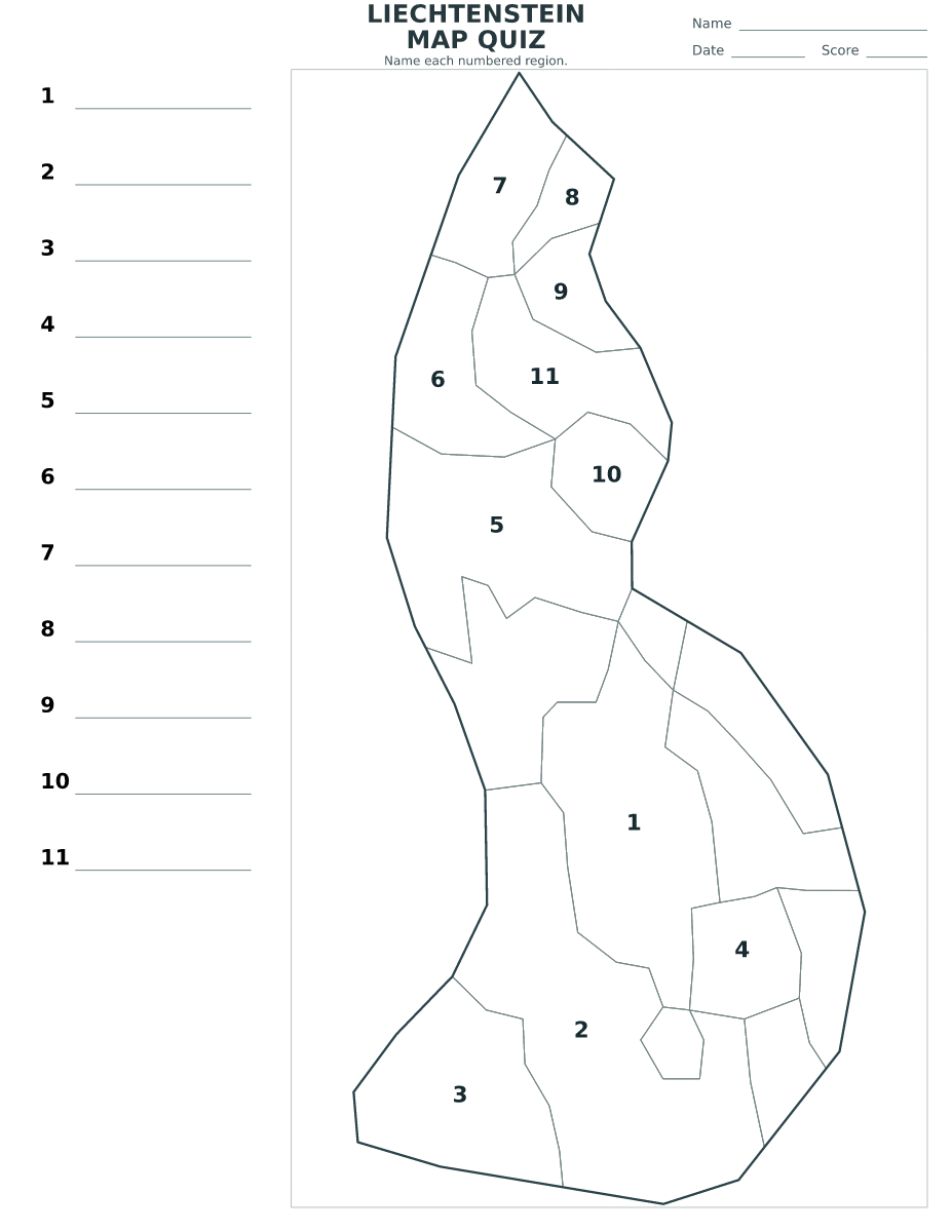 Cuestionario imprimible del mapa de Liechtenstein con 11 regiones numeradas.