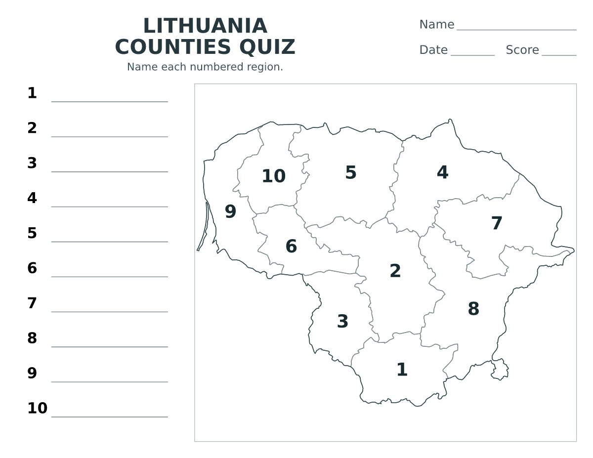 Cuestionario de condados: Lithuania con 10 condados con números.
