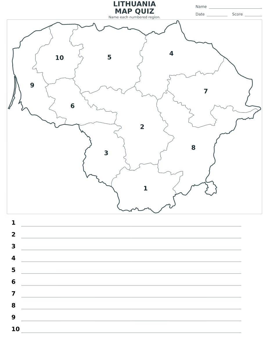 Quiz des comtés : Lithuania avec 10 comtés avec numéros.