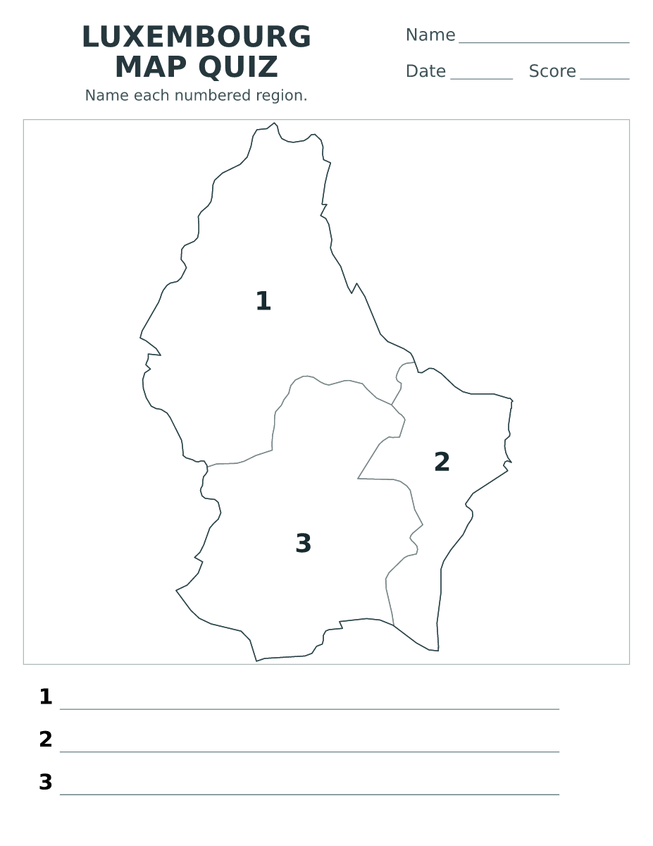 Cuestionario de distritos: Luxembourg con 3 distritos con números.