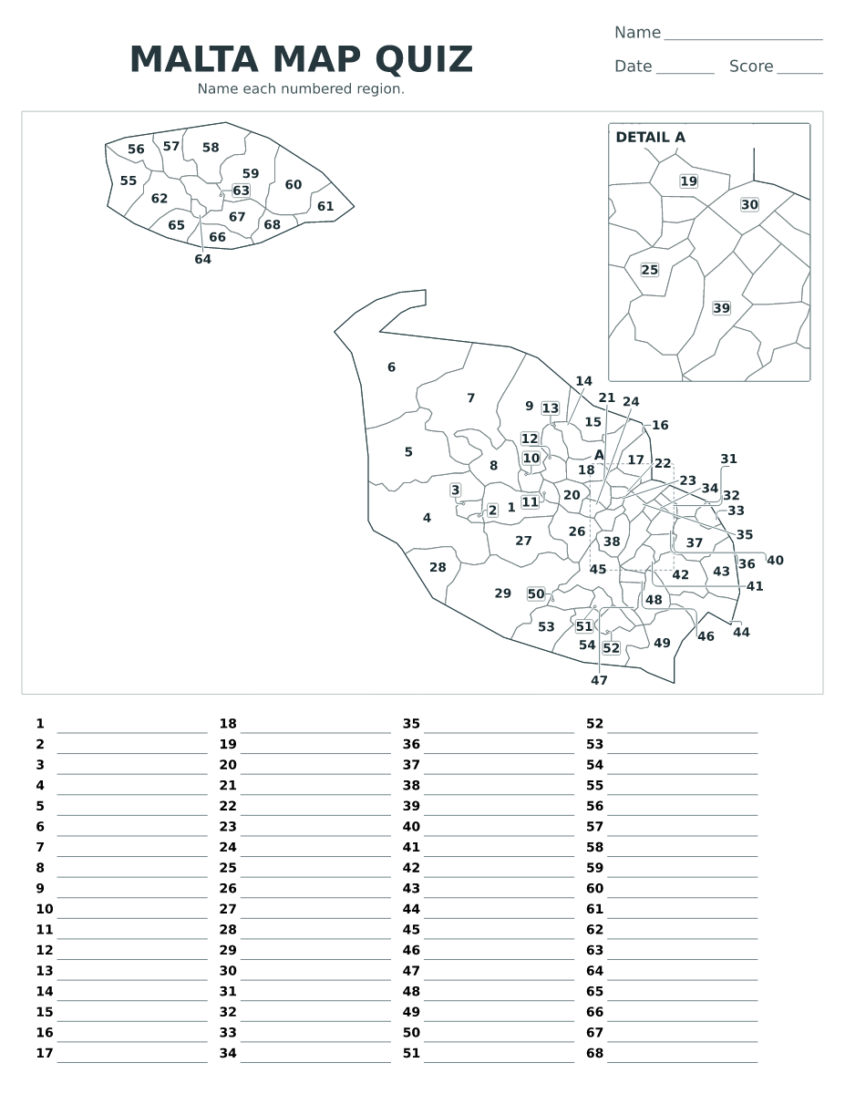 Cuestionario imprimible del mapa de Malta con 68 regiones numeradas.