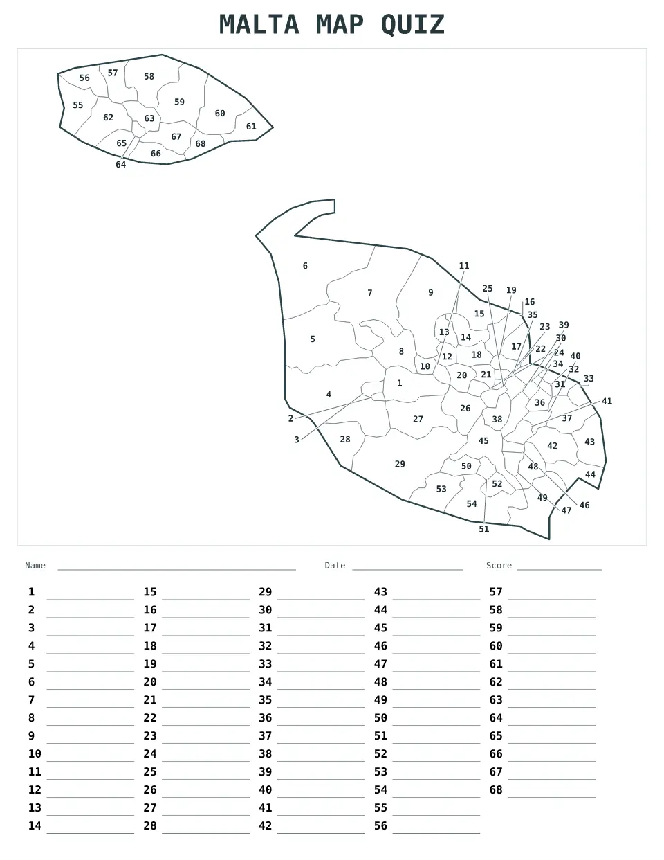Malta Numbered quiz map preview