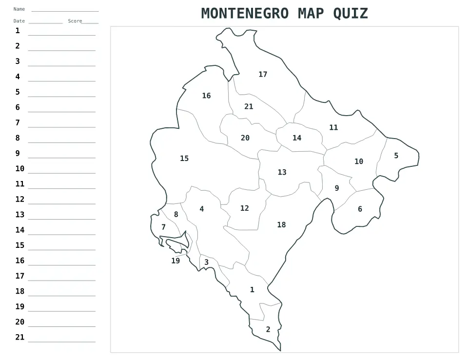 Montenegro Numbered quiz map preview