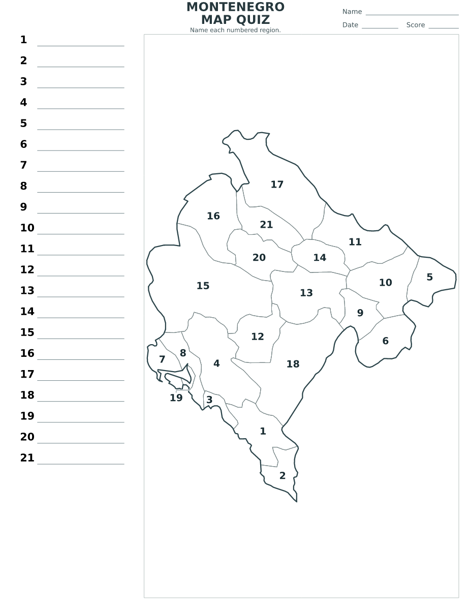 Cuestionario de municipios: Montenegro con 21 municipios con números.