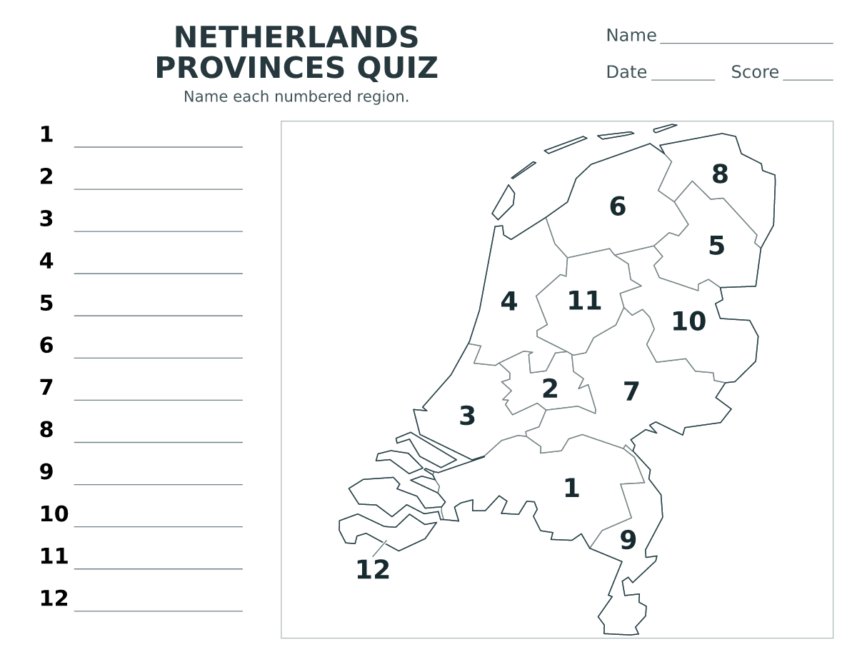 Cuestionario de provincias: Netherlands con 12 provincias con números.