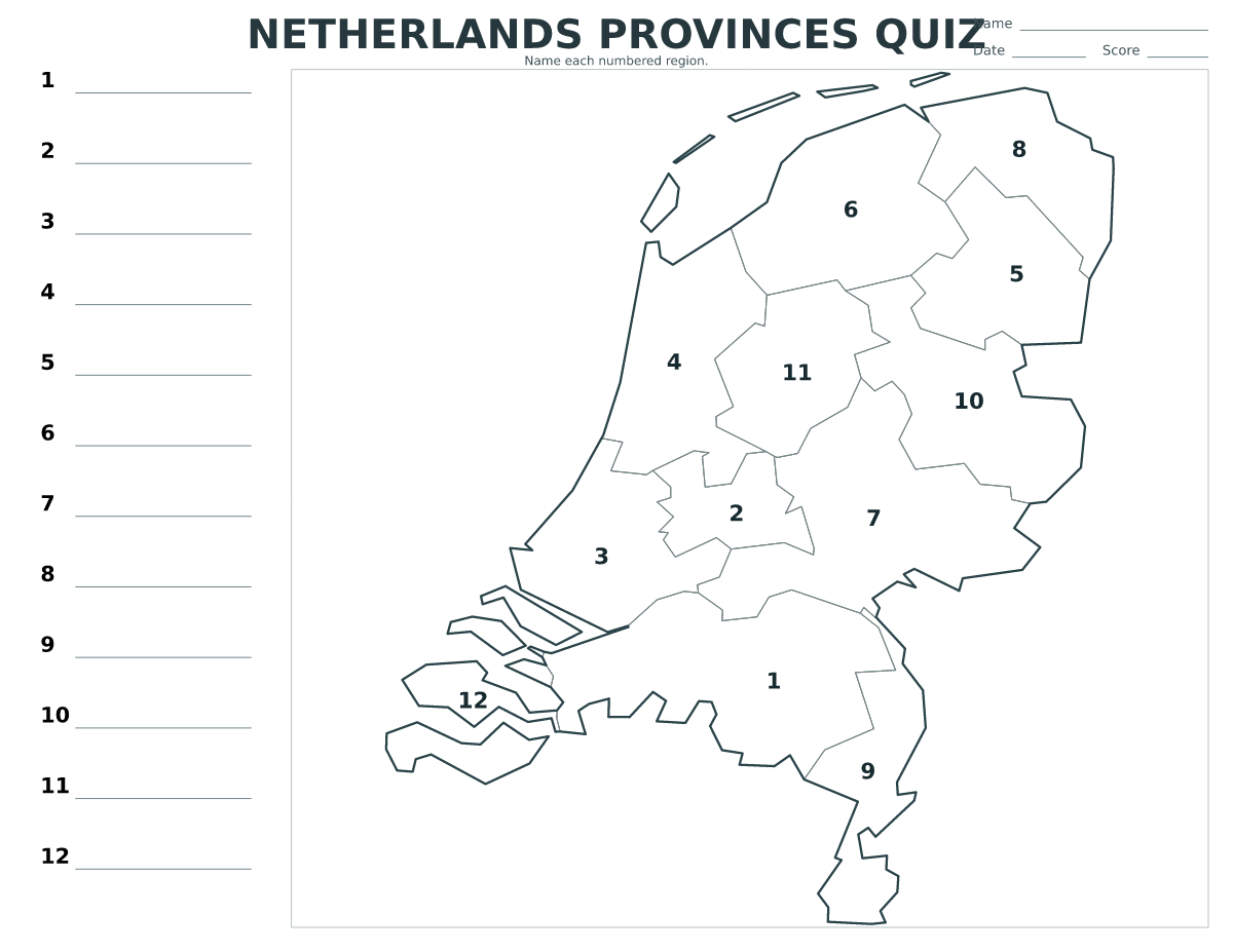 Quiz des provinces : Netherlands avec 12 provinces avec numéros.