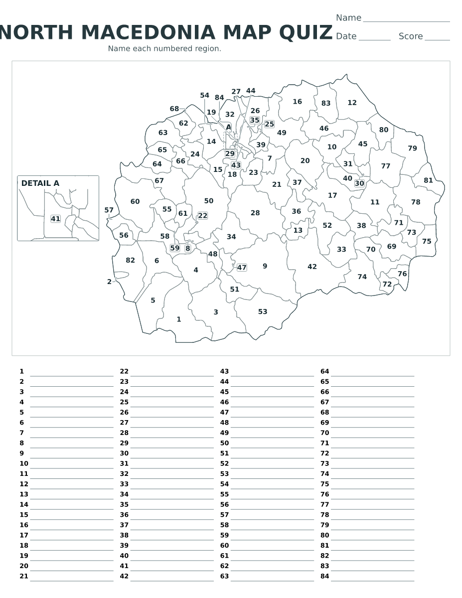 Cuestionario imprimible del mapa de Macedonia del Norte con 84 regiones numeradas.