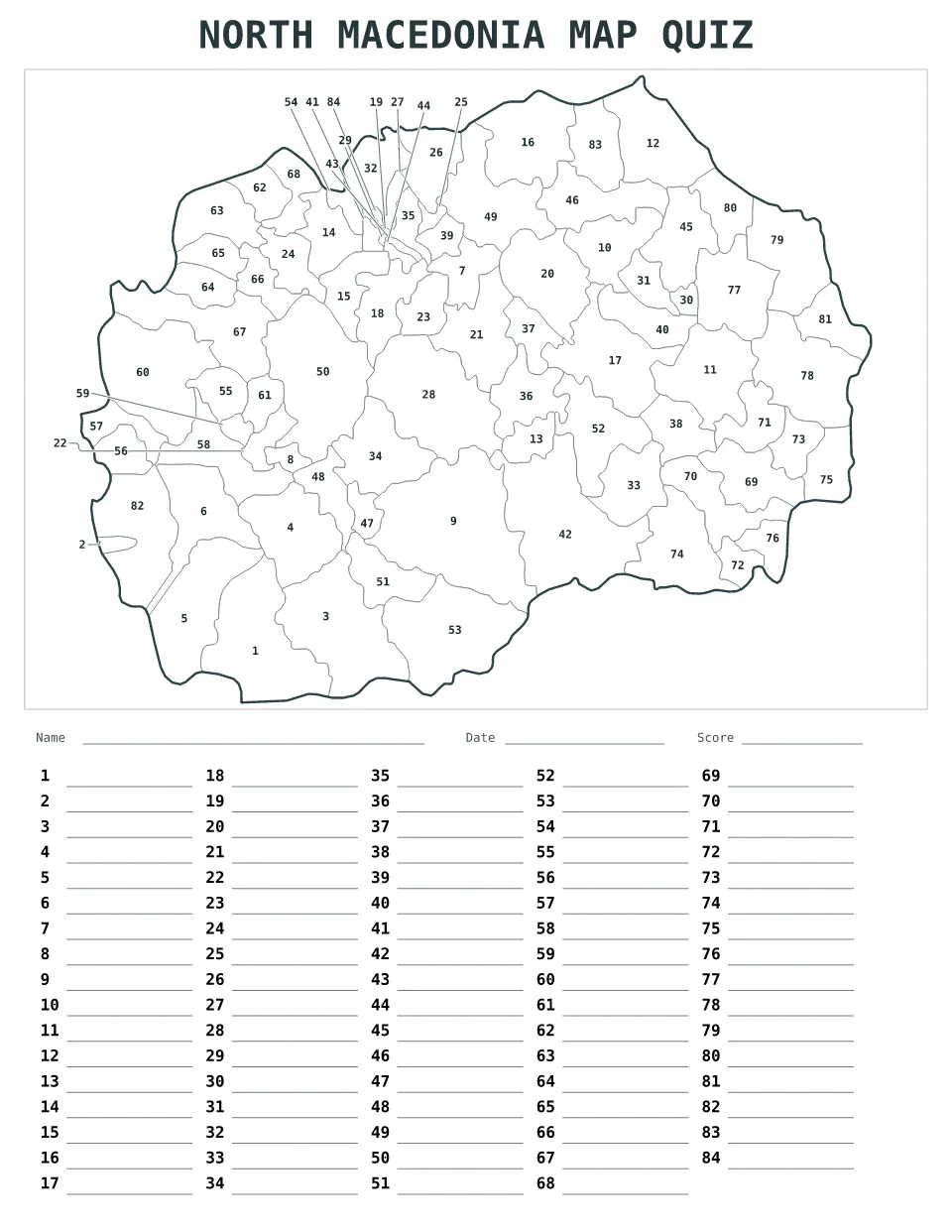 Vista previa del mapa Cuestionario numerado de Macedonia del Norte