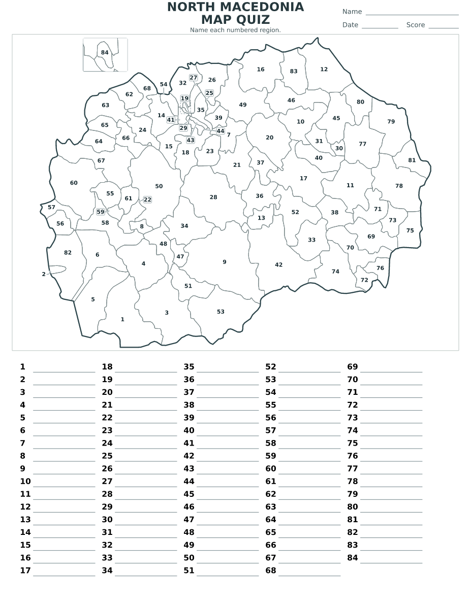 Quiz cartographique imprimable pour Macédoine du Nord avec 84 régions numérotées.