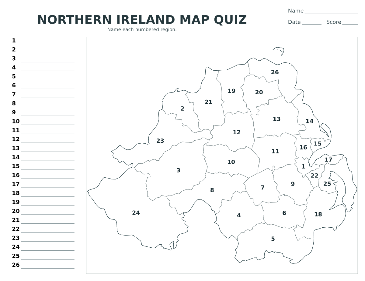 Cuestionario imprimible del mapa de Northern Ireland con 26 regiones numeradas.