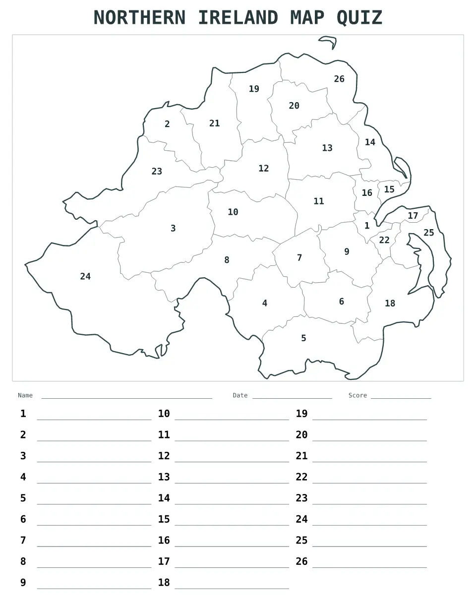 Vista previa del mapa Cuestionario numerado de Northern Ireland