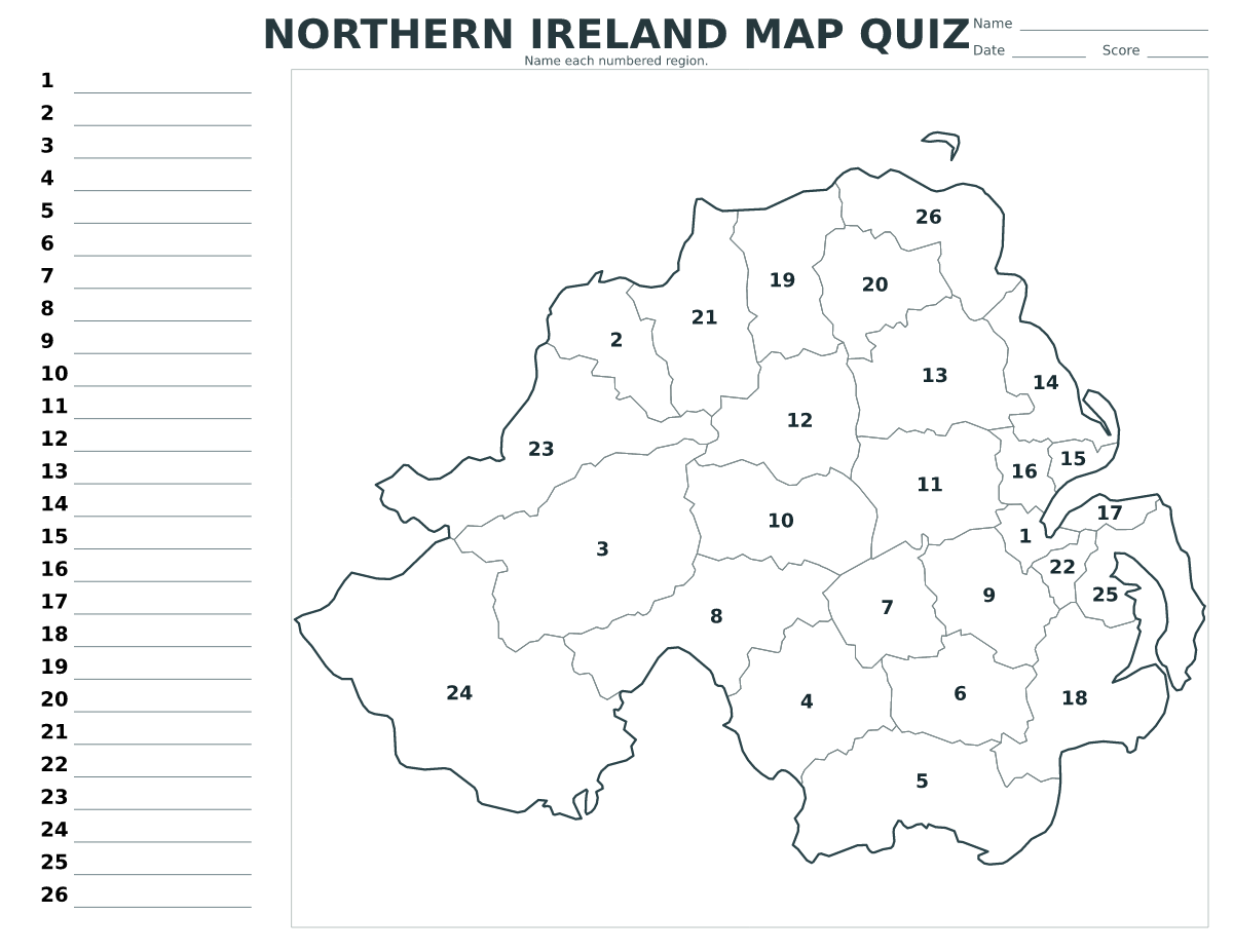 Quiz cartographique imprimable pour Northern Ireland avec 26 régions numérotées.