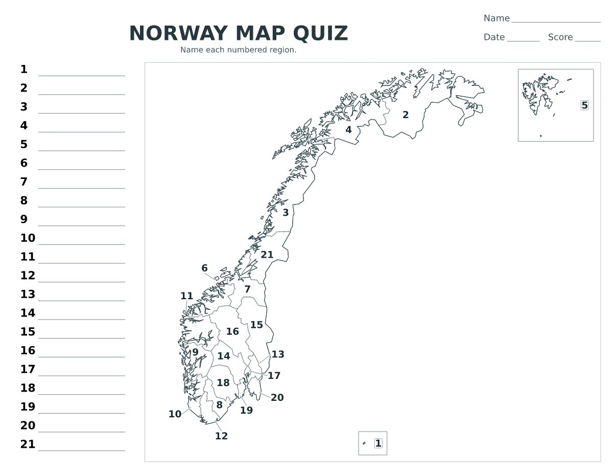 Cuestionario imprimible del mapa de Norway con 21 regiones numeradas.