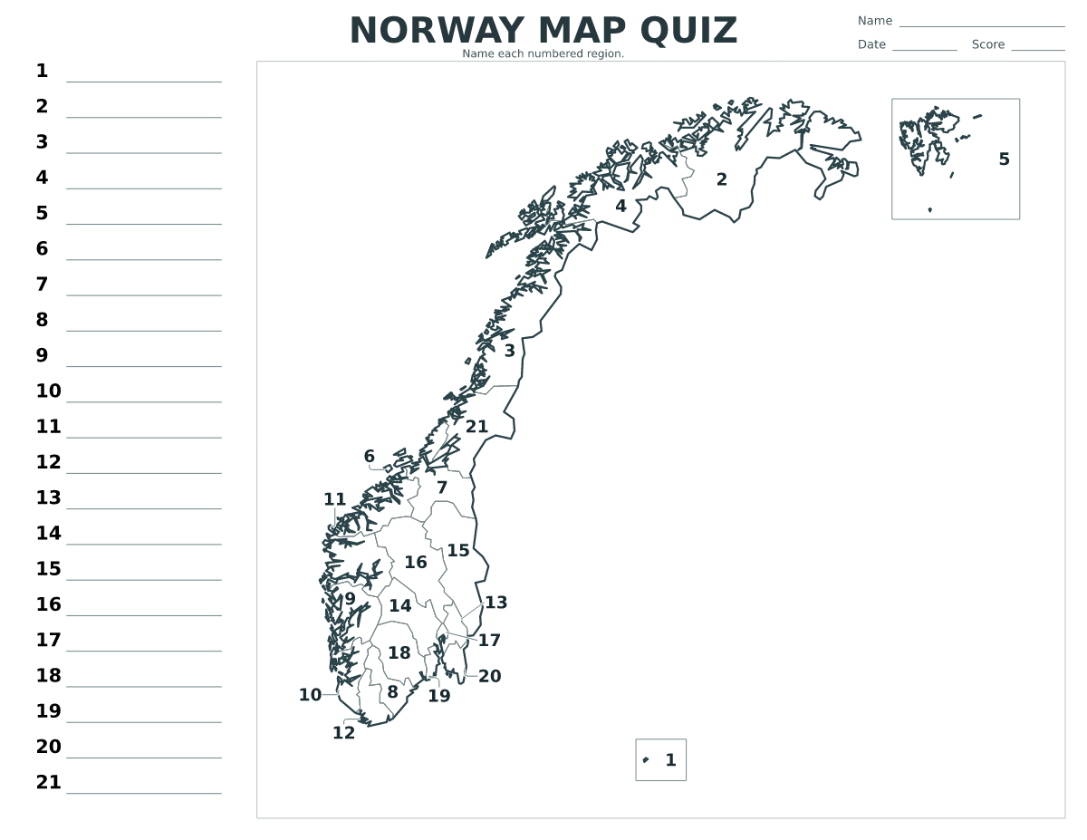 Quiz cartographique imprimable pour Norway avec 21 régions numérotées.