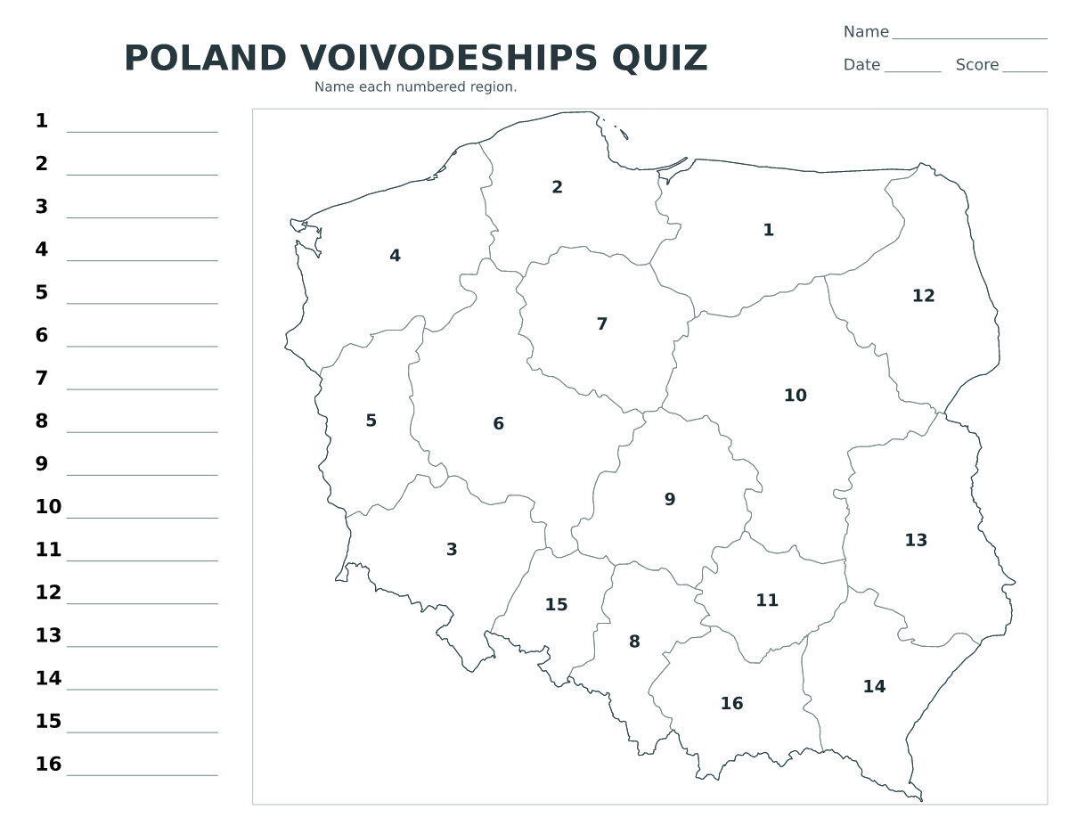 Cuestionario imprimible del mapa de Poland con 16 regiones numeradas.