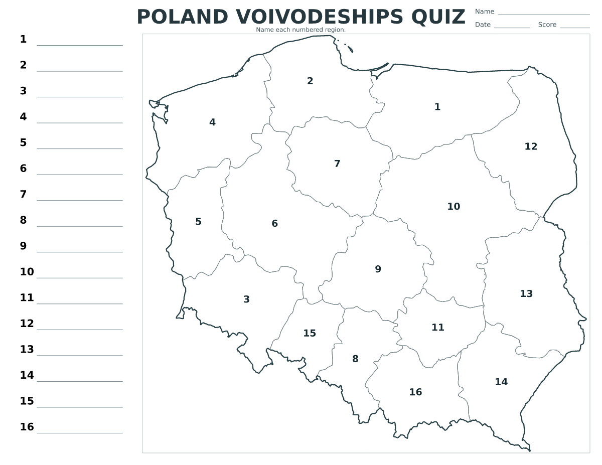 Cuestionario imprimible del mapa de Poland con 16 regiones numeradas.