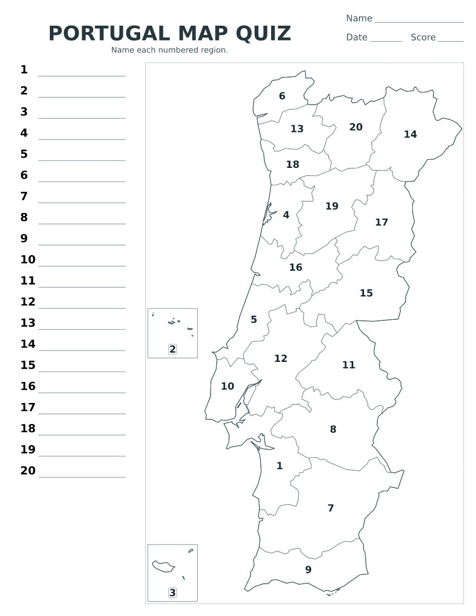 Cuestionario imprimible del mapa de Portugal con 20 regiones numeradas.