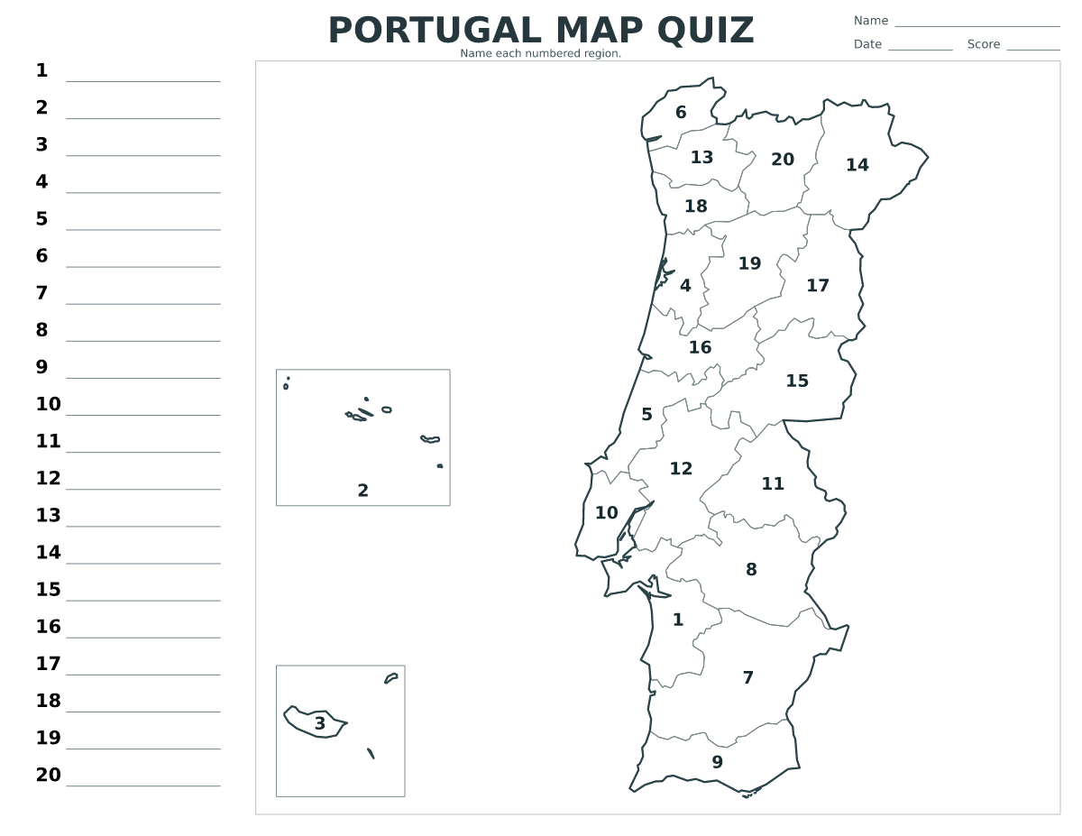 Cuestionario imprimible del mapa de Portugal con 20 regiones numeradas.