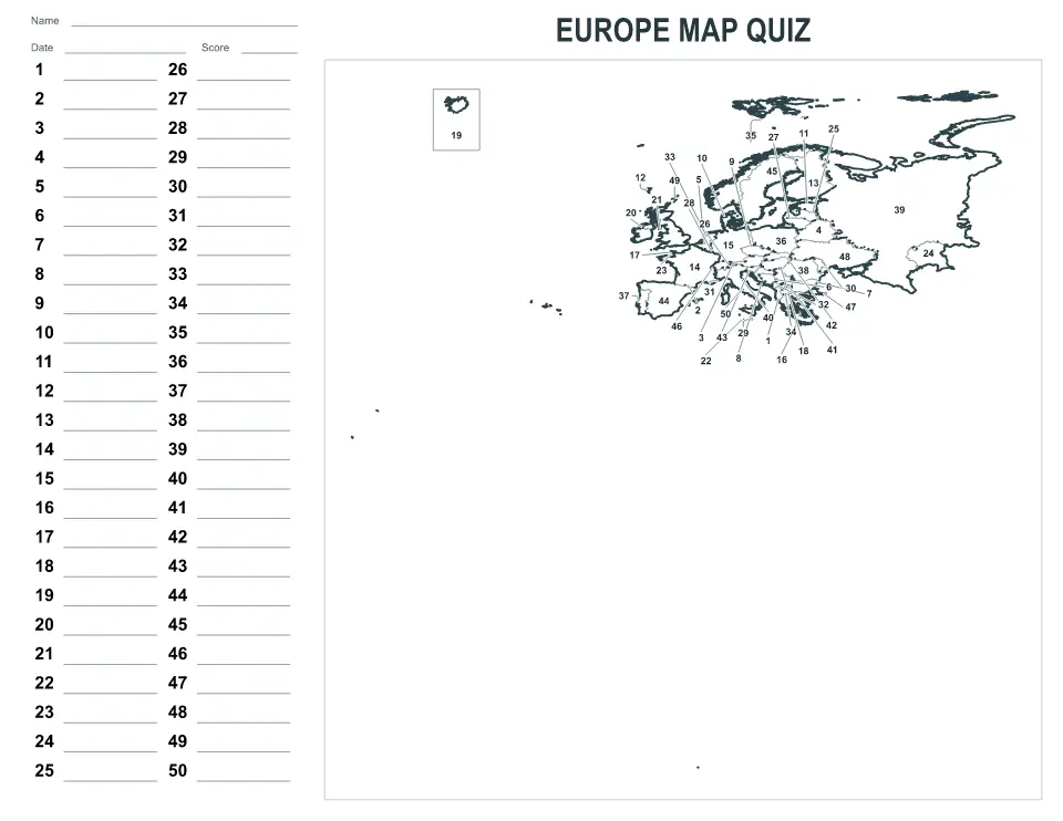 Vista previa del mapa Cuestionario numerado de Europe