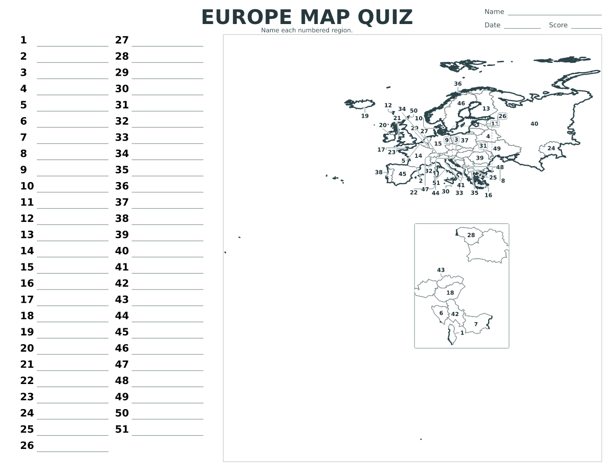 Cuestionario imprimible del mapa de Europe con 51 regiones numeradas.