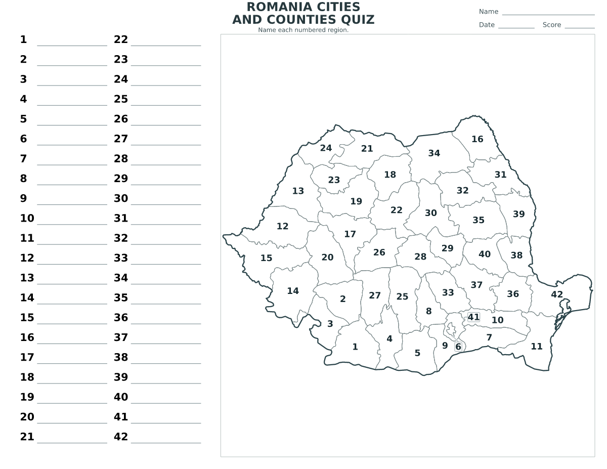 Quiz des villes et comtés : Romania avec 42 villes et comtés avec numéros.