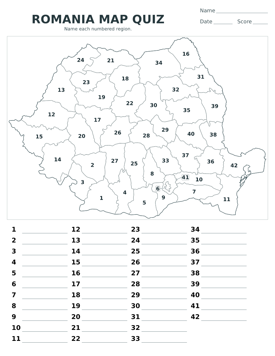 Cuestionario de ciudades y condados: Romania con 42 ciudades y condados con números.