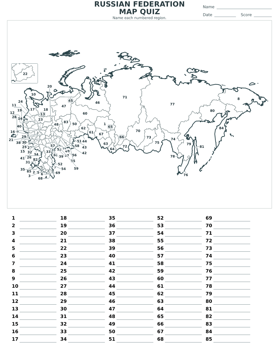 Cuestionario imprimible del mapa de Russian Federation con 85 regiones numeradas.