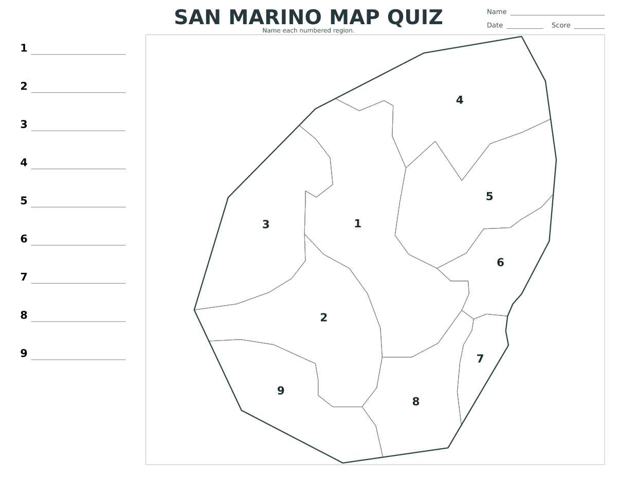 Cuestionario imprimible del mapa de San Marino con 9 regiones numeradas.