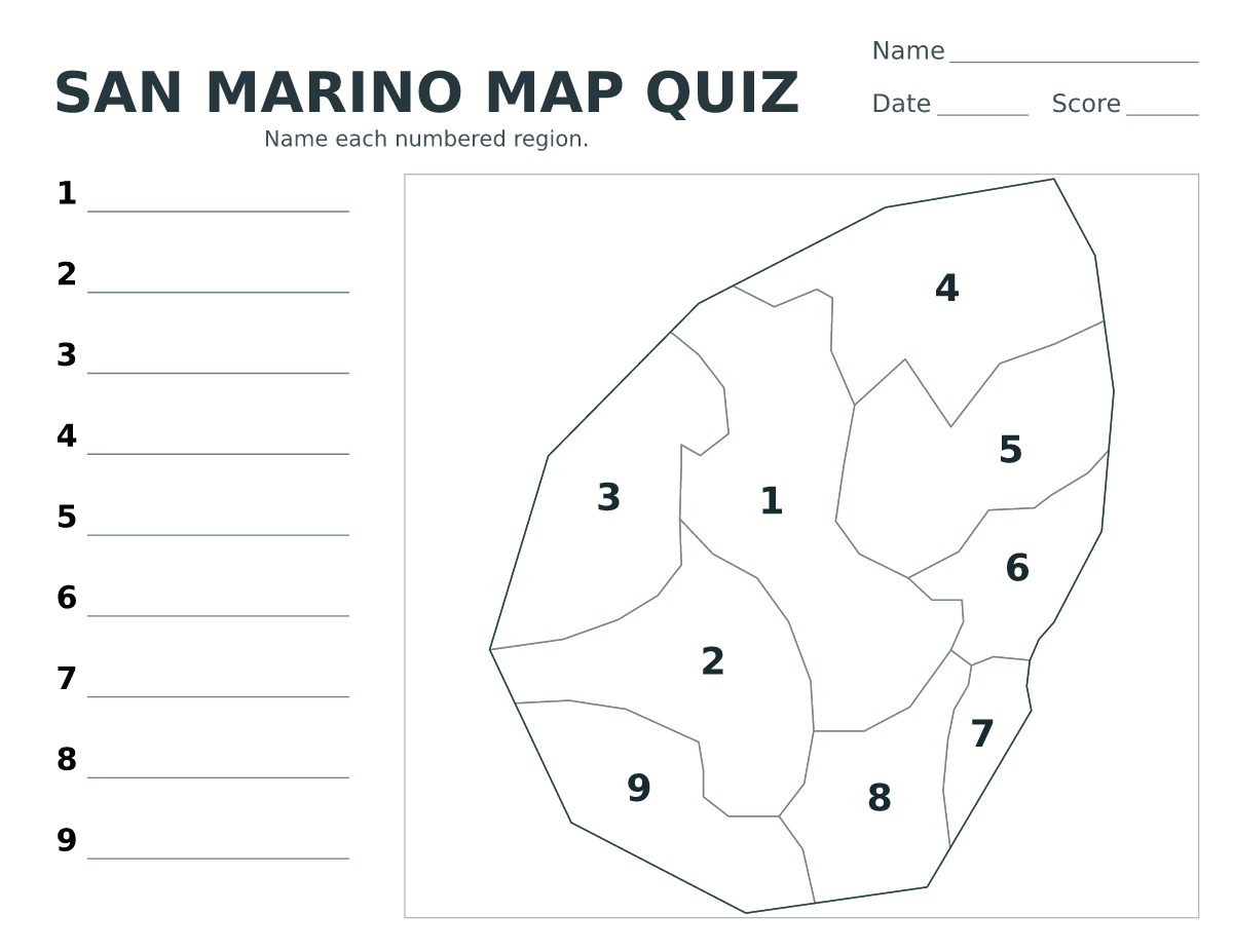 Cuestionario imprimible del mapa de San Marino con 9 regiones numeradas.
