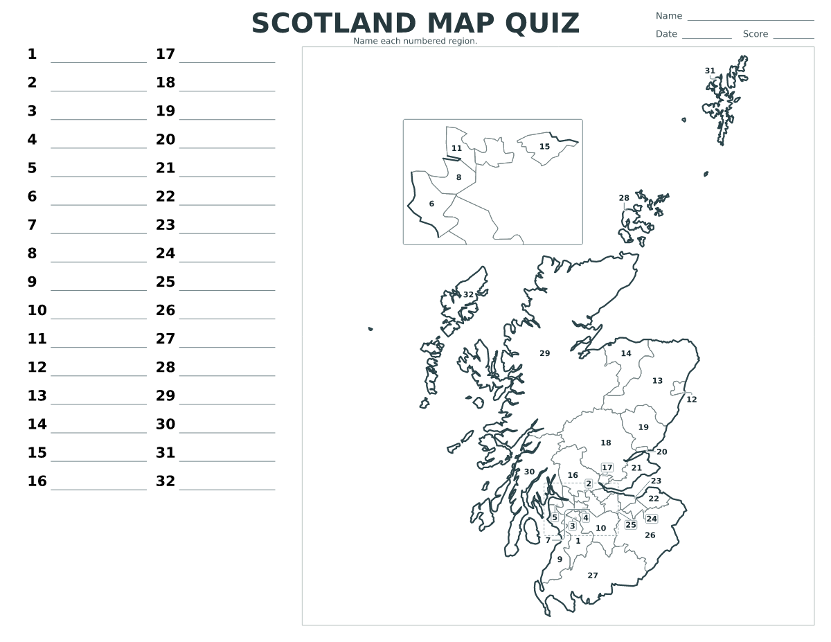 Quiz cartographique imprimable pour Scotland avec 32 régions numérotées.