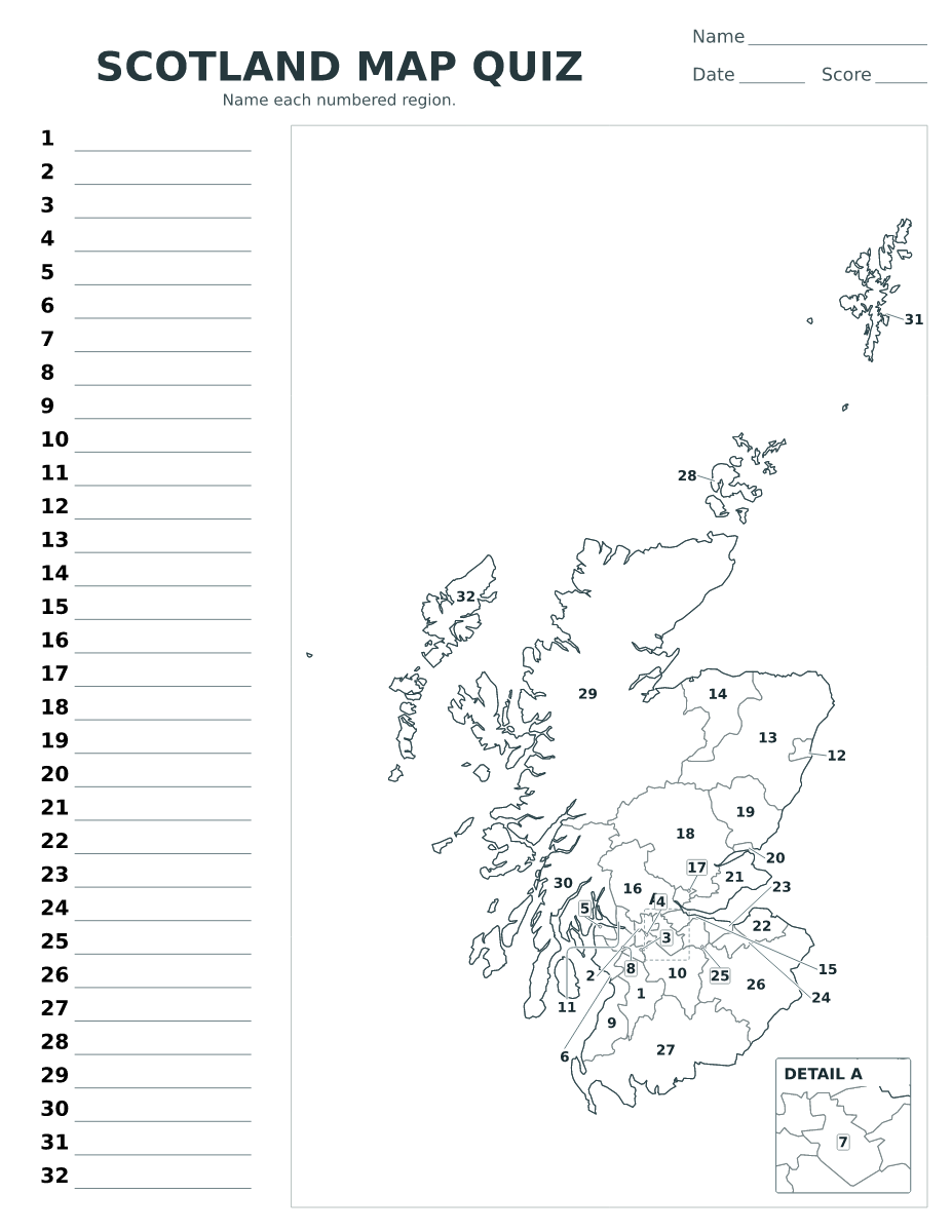Cuestionario imprimible del mapa de Scotland con 32 regiones numeradas.