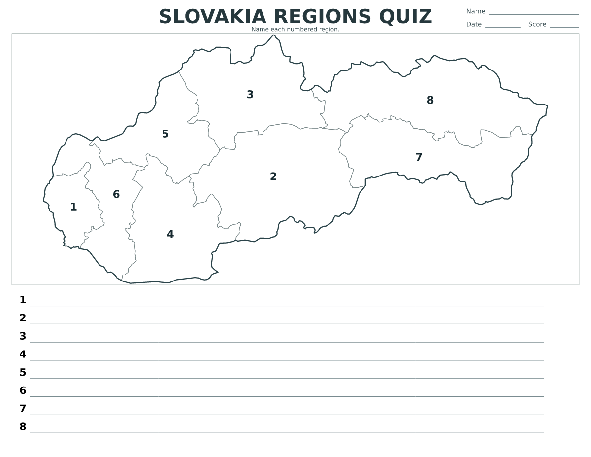 Cuestionario de regiones: Slovakia con 8 regiones con números.