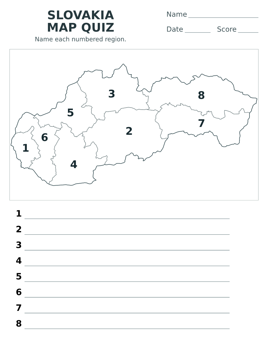Cuestionario de regiones: Slovakia con 8 regiones con números.