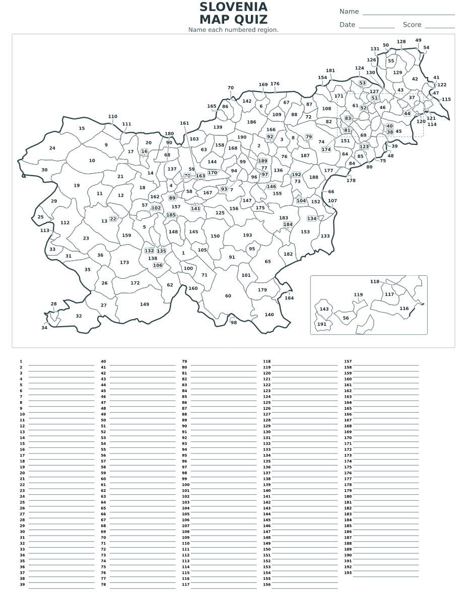 Cuestionario imprimible del mapa de Slovenia con 193 regiones numeradas.
