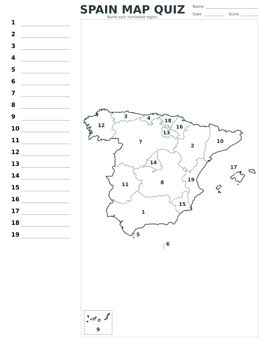 Cuestionario imprimible del mapa de Spain con 19 regiones numeradas.