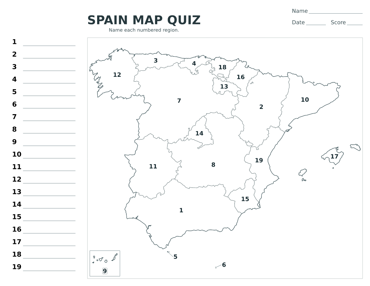 Cuestionario imprimible del mapa de Spain con 19 regiones numeradas.