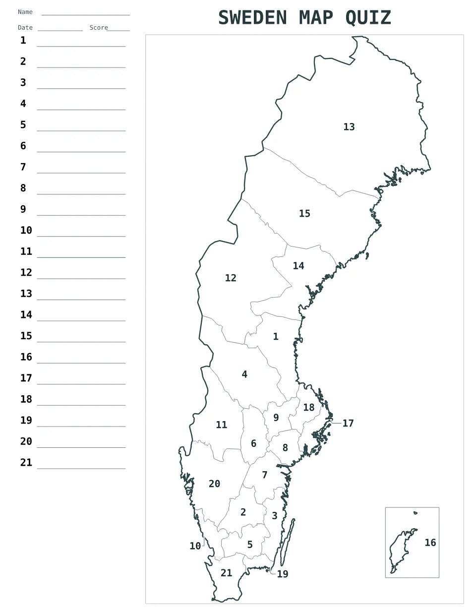 Aperçu de la carte Quiz numéroté de Sweden