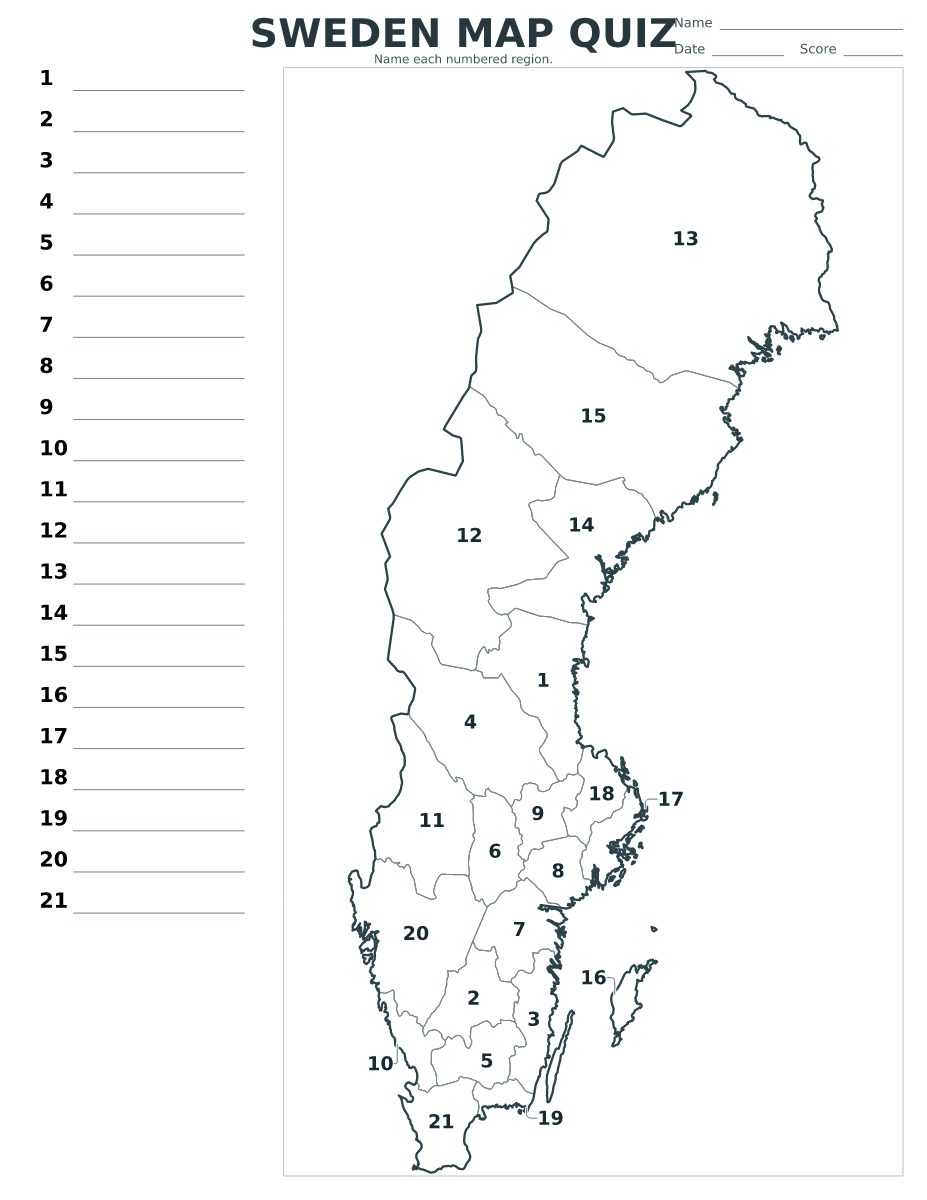 Quiz des comtés : Sweden avec 21 comtés avec numéros.