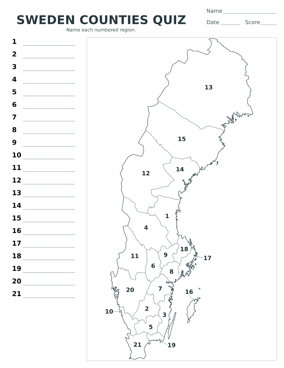Cuestionario de condados: Sweden con 21 condados con números.
