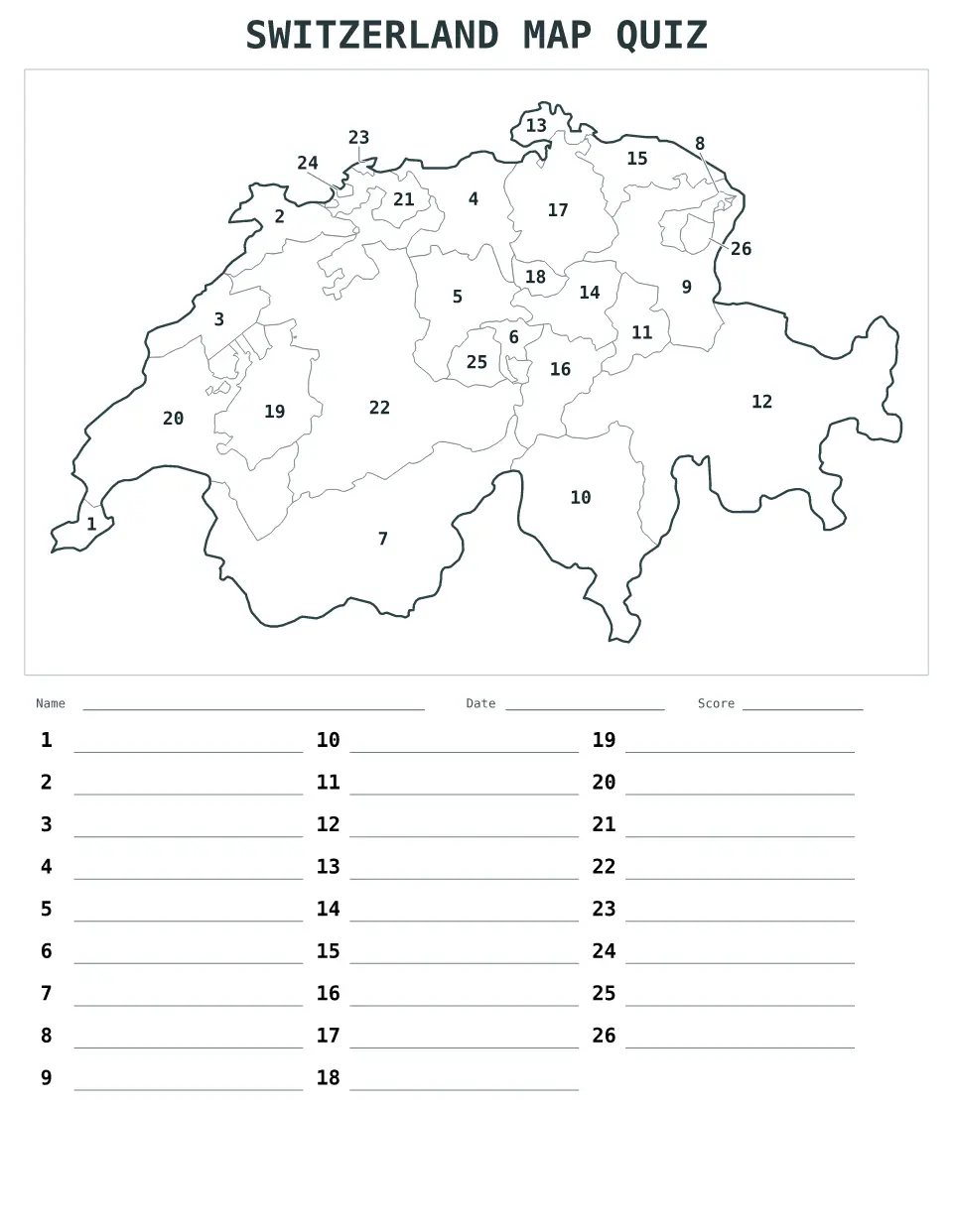 Aperçu de la carte Quiz numéroté de Switzerland