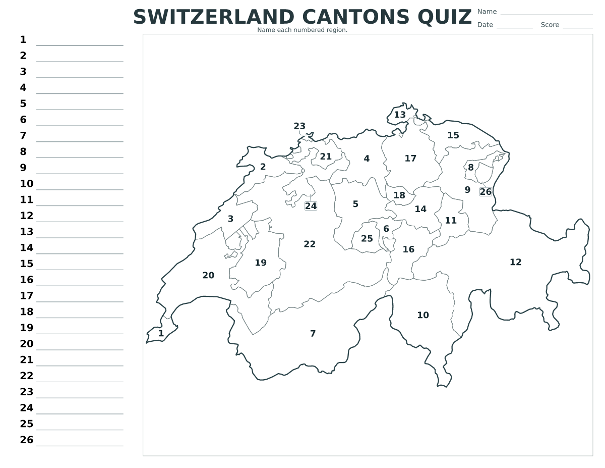 Cuestionario de cantones: Switzerland con 26 cantones con números.