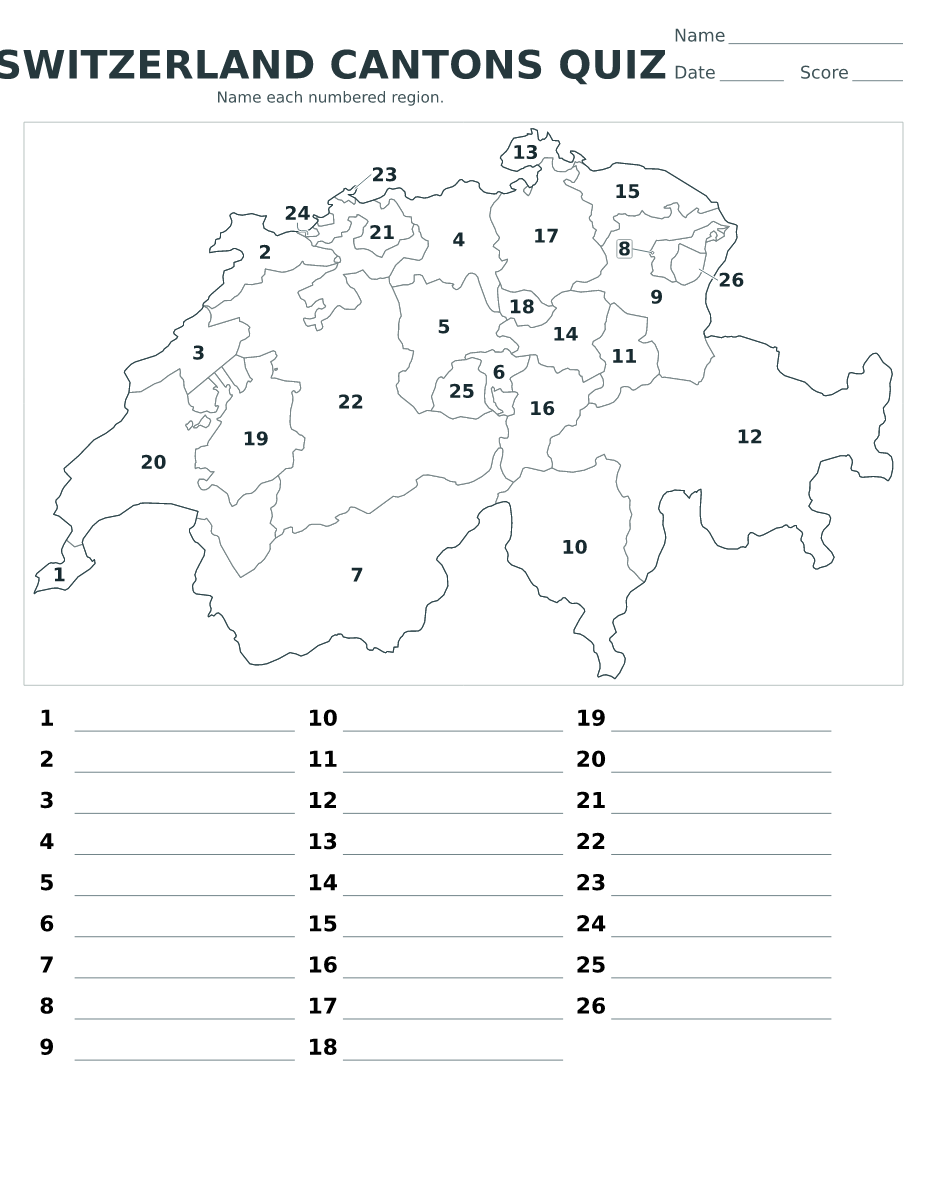 Cuestionario de cantones: Switzerland con 26 cantones con números.