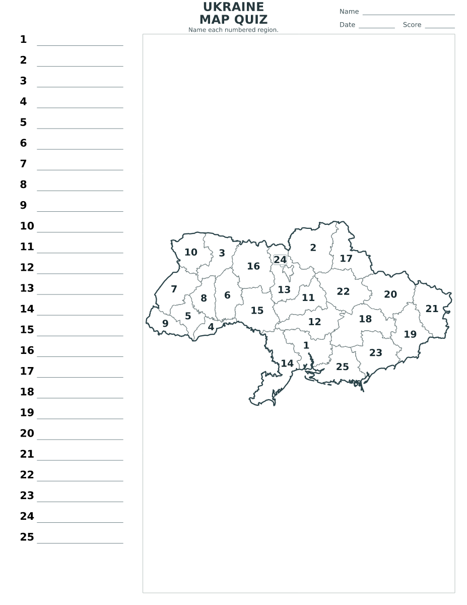 Cuestionario imprimible del mapa de Ukraine con 25 regiones numeradas.