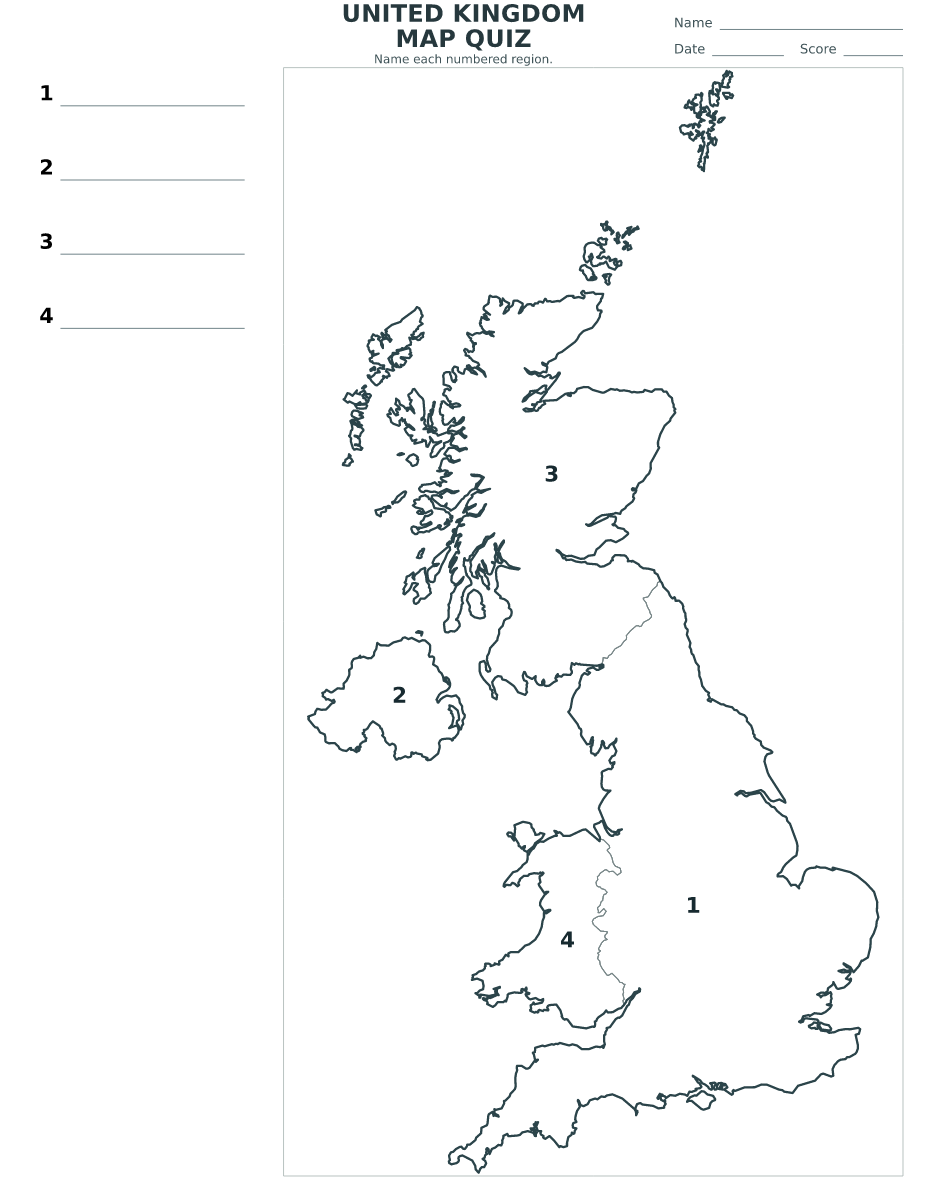 Quiz cartographique imprimable pour United Kingdom avec 4 régions numérotées.