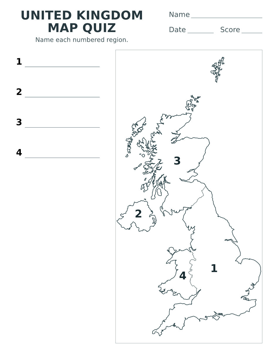 Cuestionario imprimible del mapa de United Kingdom con 4 regiones numeradas.