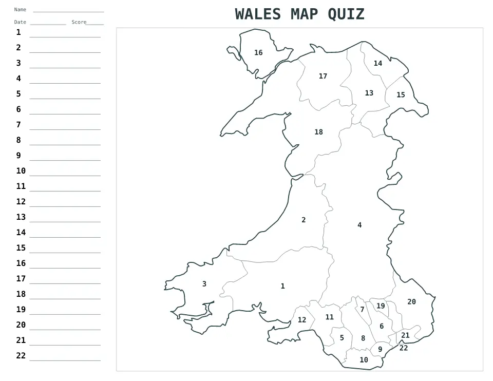 Aperçu de la carte Quiz numéroté de Wales